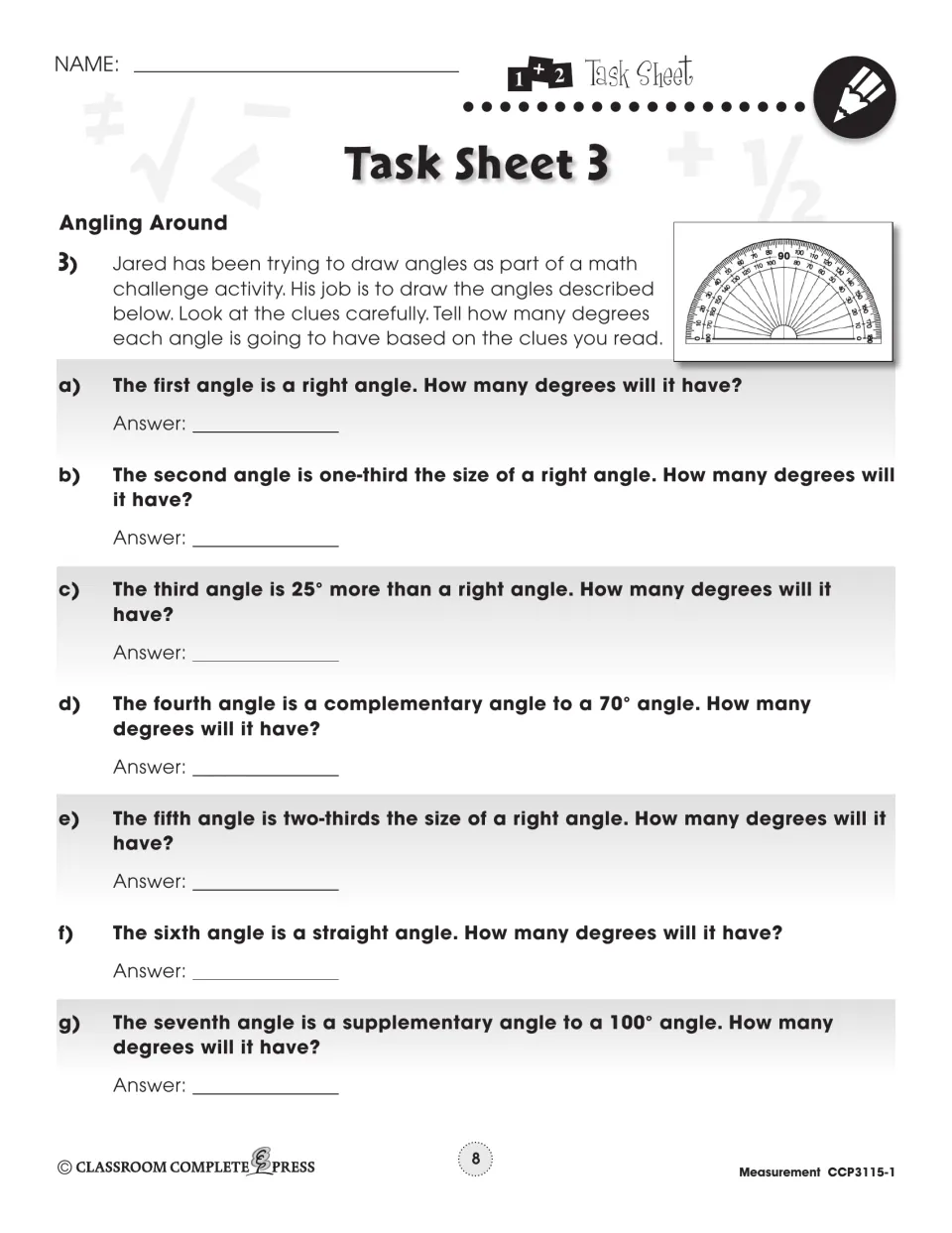 Task Sheet 3 gives seven angle clues using right, straight, complementary, and supplementary angles