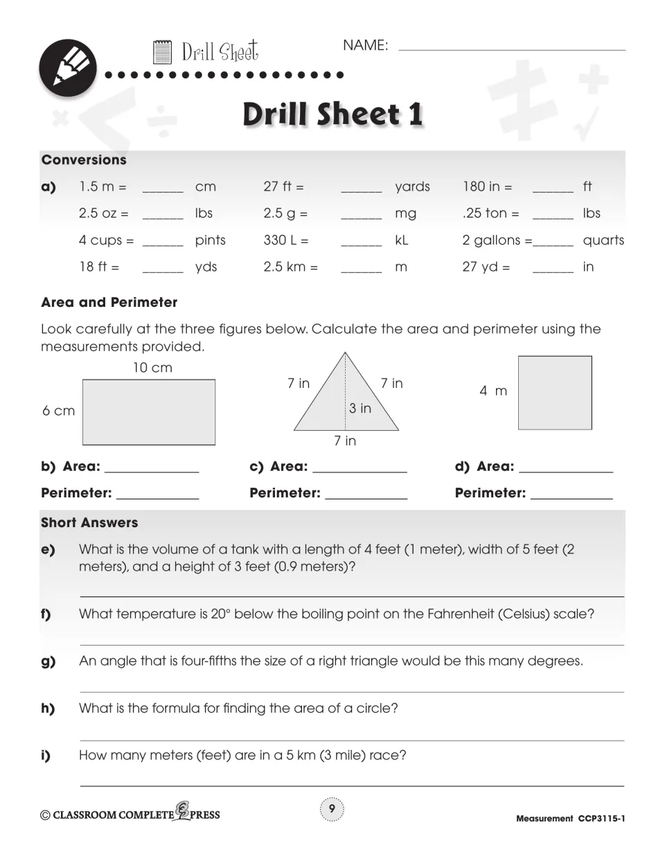 Drill Sheet 1 practices unit conversions, area, perimeter, volume, temperature, angles, and distance
