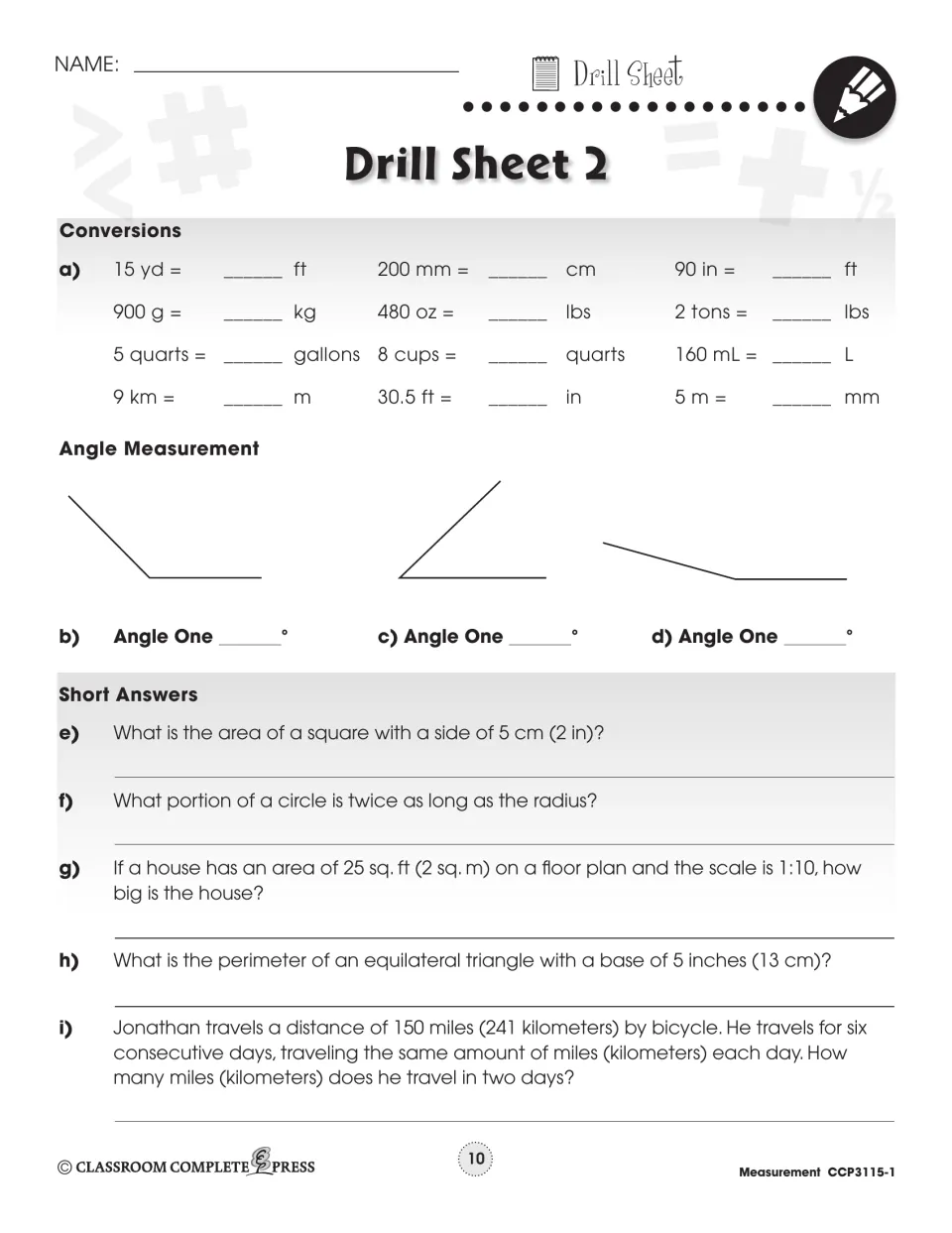 Drill Sheet 2 practices unit conversions, measuring three angles, area, diameter, scale, and distance