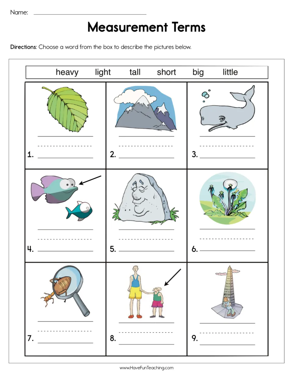 Measurement vocabulary practice: describe nine pictures using heavy, light, tall, short, big, and little