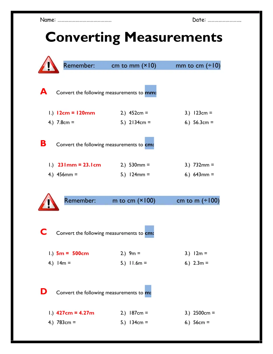 Converting measurements: students convert cm to mm, mm to cm, m to cm and cm to m in four sets, each with a worked example