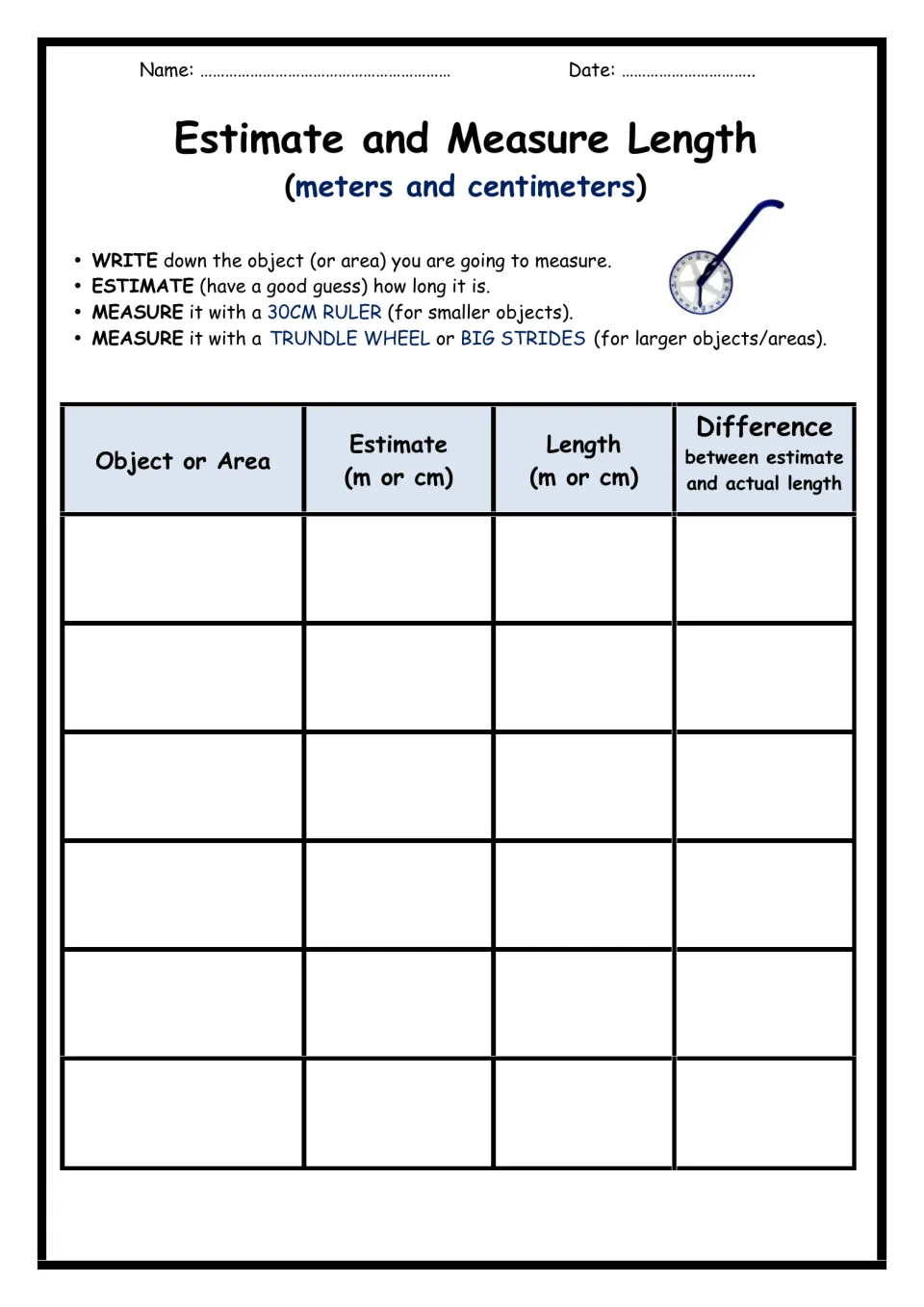 Length in meters and centimeters: students estimate objects, measure with a ruler or trundle wheel, and find the difference