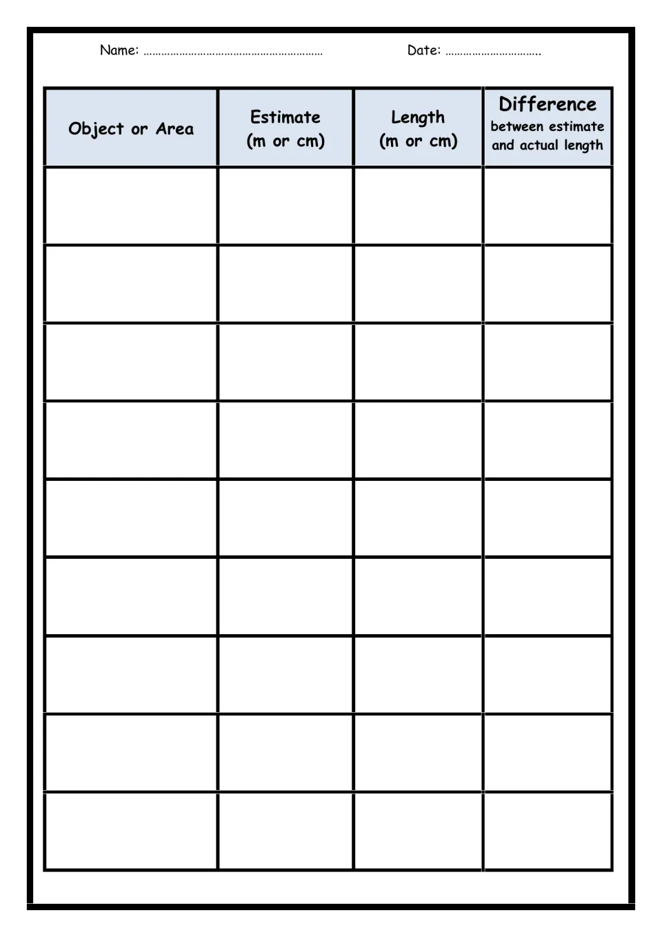 Length estimation continued: students record more objects, their estimate, measured length in m or cm and the difference
