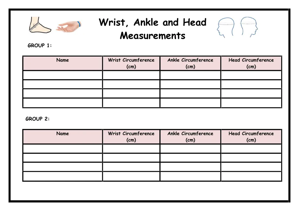 Wrist, ankle and head measurements: groups 1 and 2 record each member's name and circumferences in centimeters