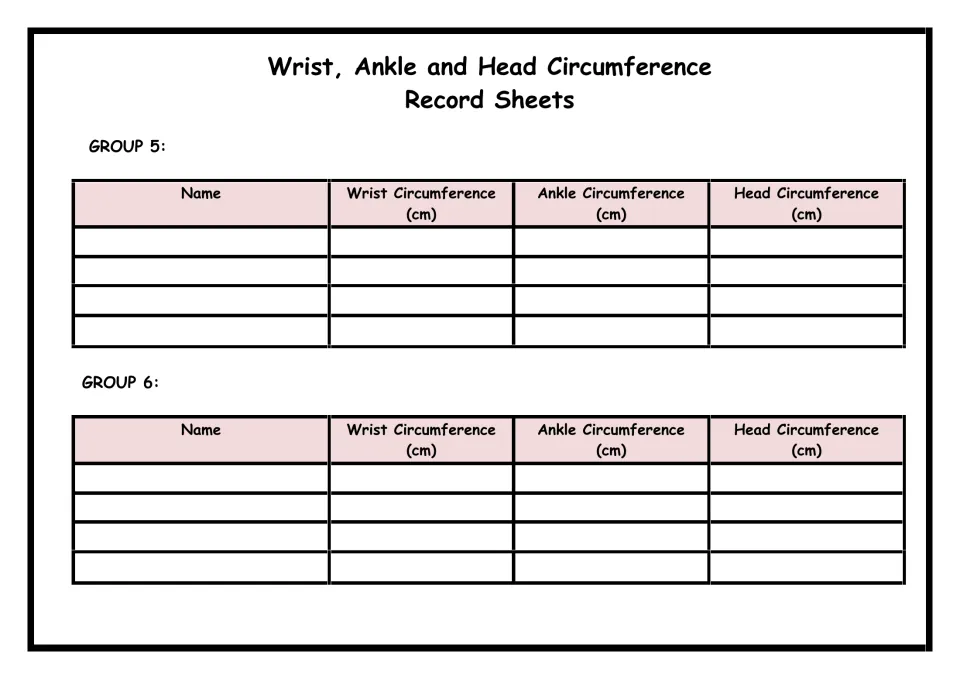 Circumference record sheet for groups 5 and 6: each student's wrist, ankle and head measurements written in centimeters