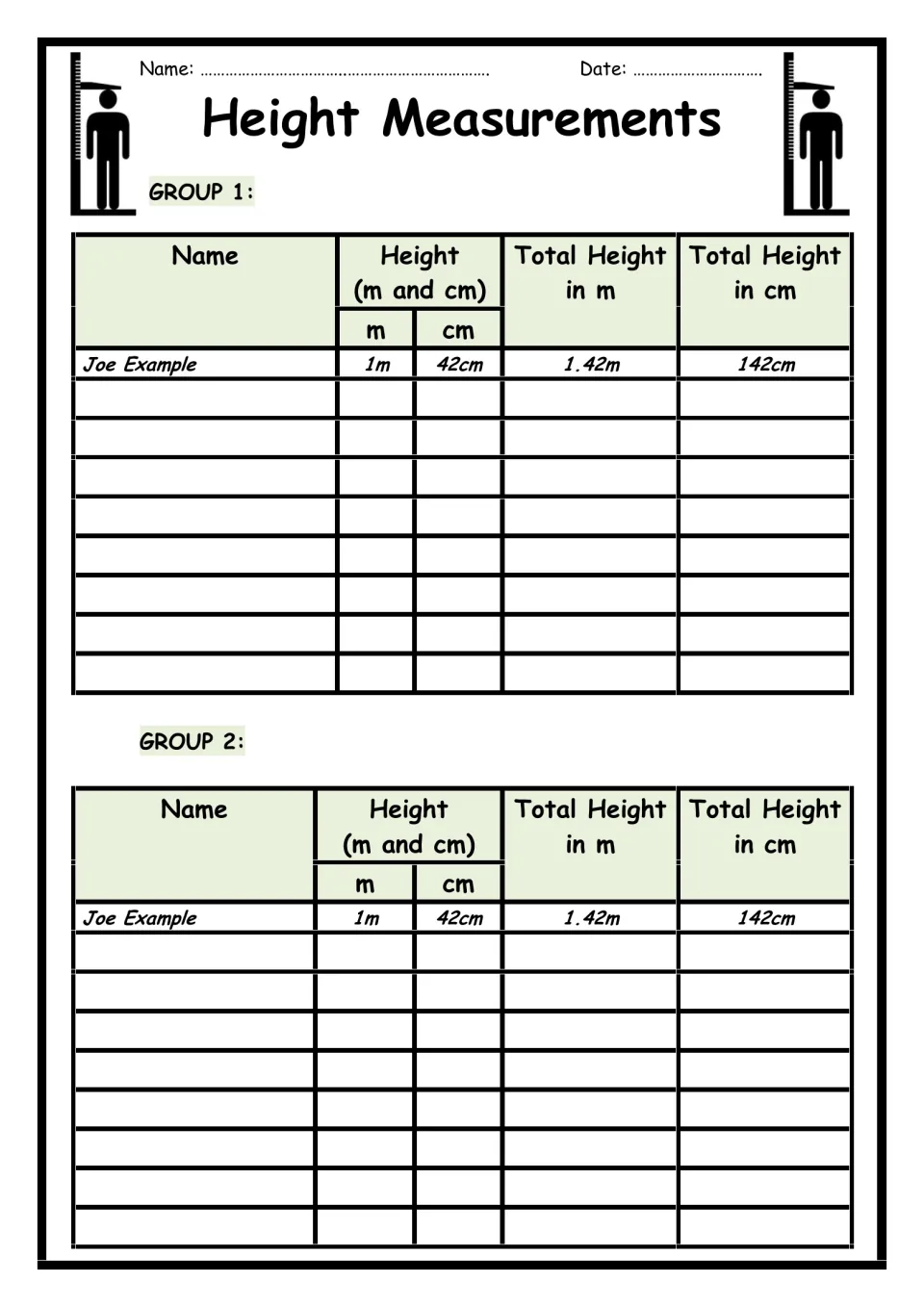 Height recording for Groups 1 and 2: students log each classmate's height in m and cm, then convert to total m and cm