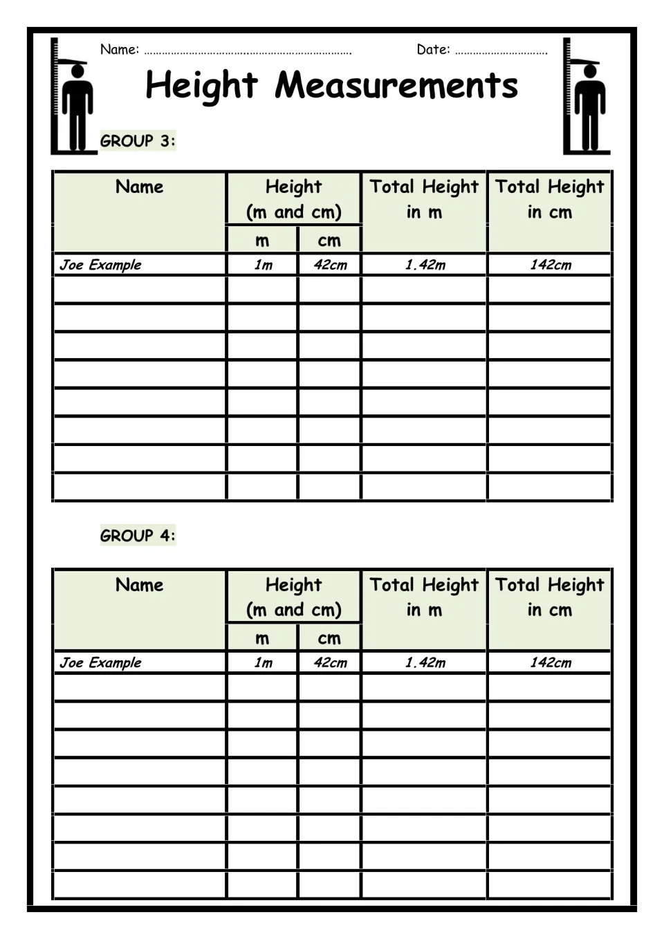 Groups 3 and 4 height log: students record heights in m and cm and convert, following the 1m 42cm = 1.42m = 142cm model