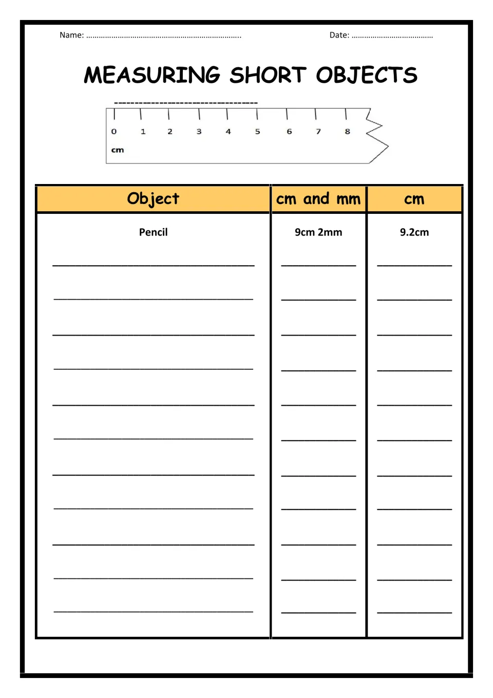 Measuring short objects: students write each object's length in cm and mm and in decimal cm, e.g. pencil 9cm 2mm = 9.2cm