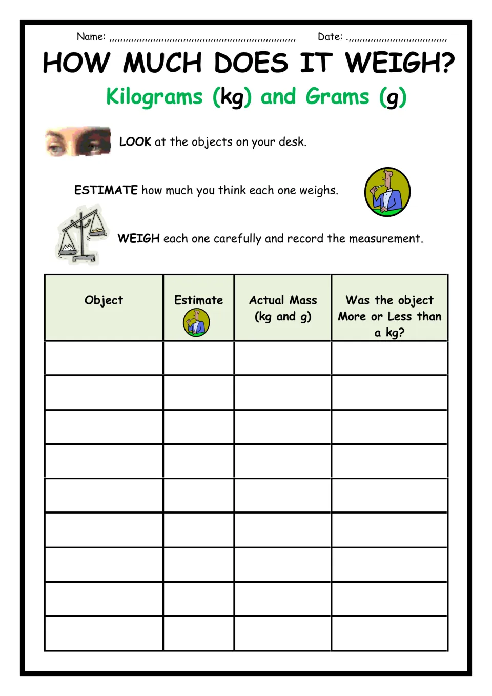 How Much Does It Weigh? Students estimate, weigh desk objects in kg and g and record if each is more or less than a kg