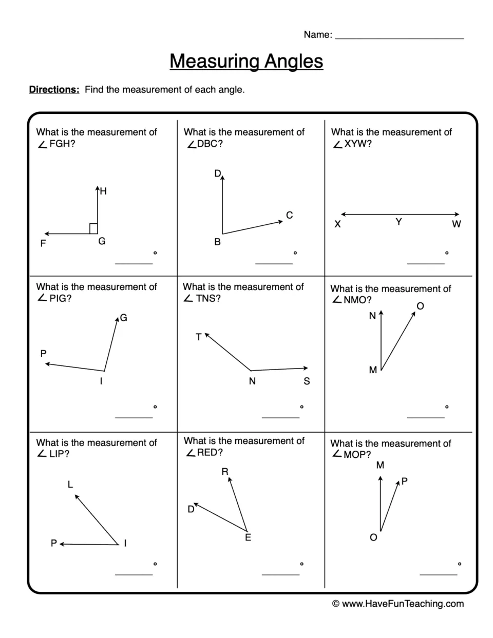 Angle measurement practice sheet: nine labeled angles, including FGH, DBC, and XYW, to measure in degrees.