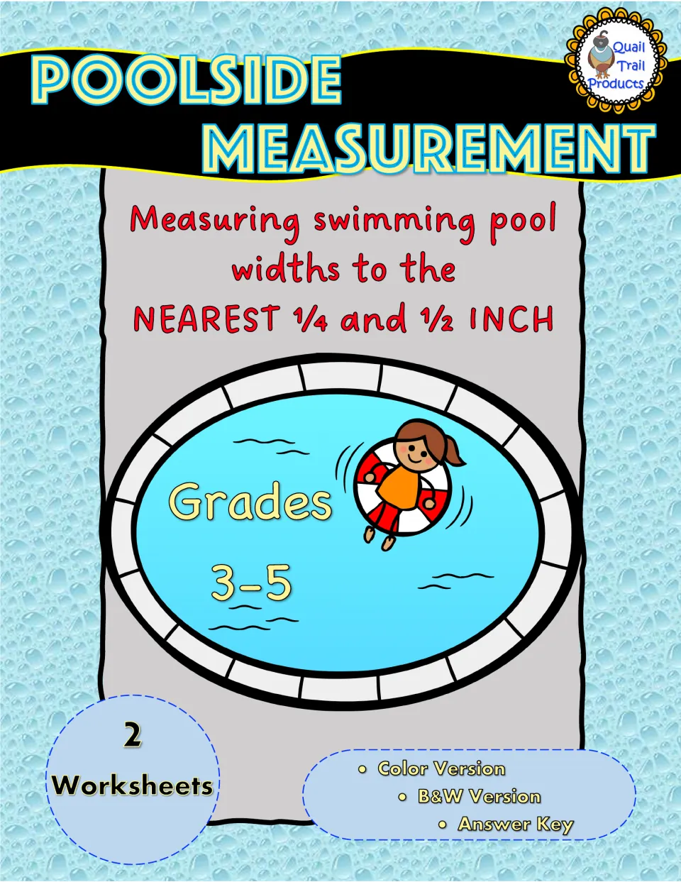 Poolside Measurement cover: two worksheets on measuring pool widths to the nearest quarter and half inch