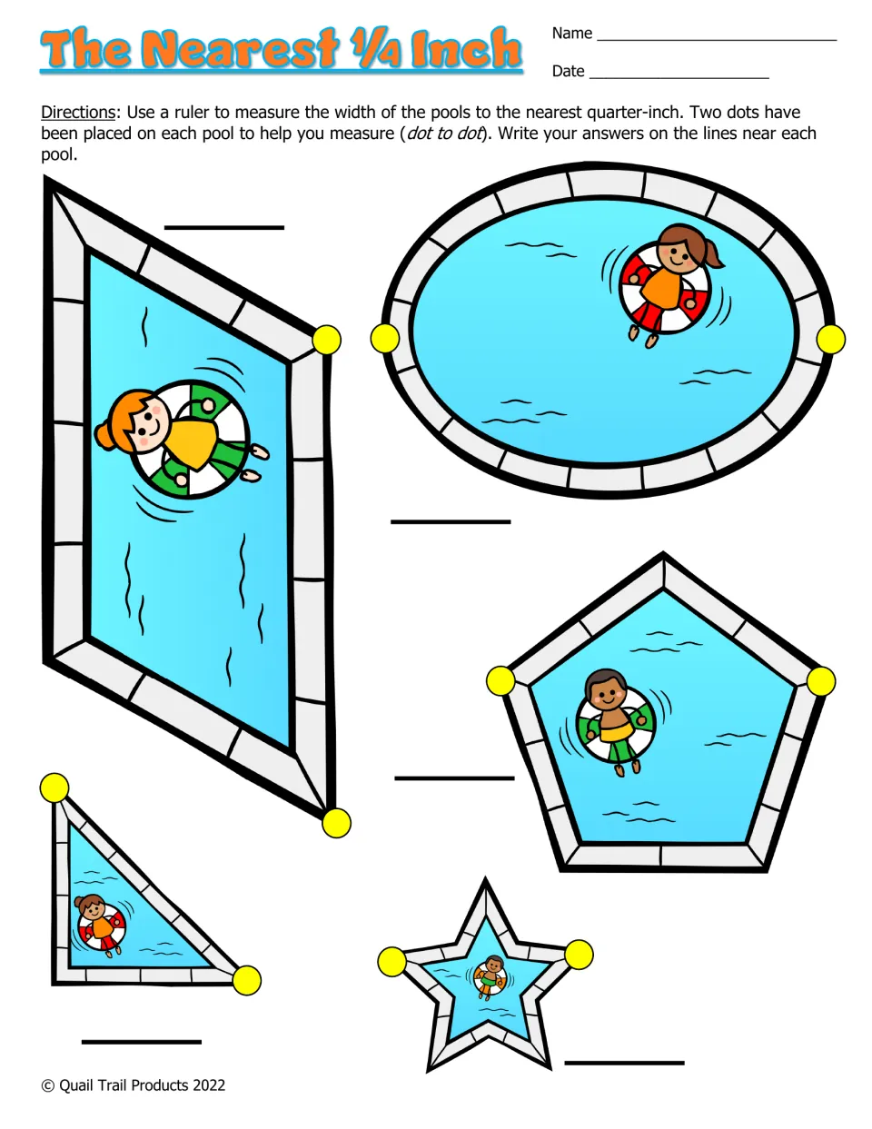 Color quarter-inch measurement worksheet: measure dot to dot on parallelogram, oval, pentagon, triangle, and star pools