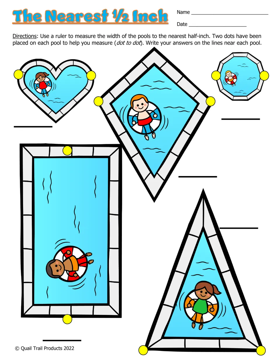 Color half-inch measurement worksheet: measure dot to dot on heart, kite, octagon, rectangle, and triangle pools