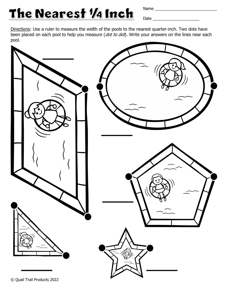 Black-and-white quarter-inch worksheet: measure five pools shaped as a parallelogram, oval, pentagon, triangle, and star