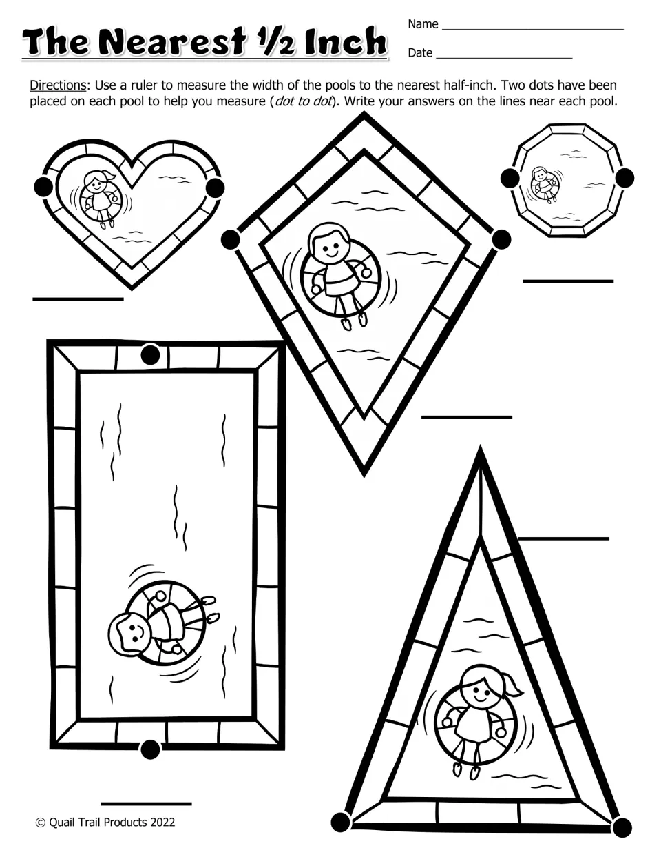 Black-and-white half-inch worksheet: measure dot to dot on heart, kite, octagon, rectangle, and triangle pools