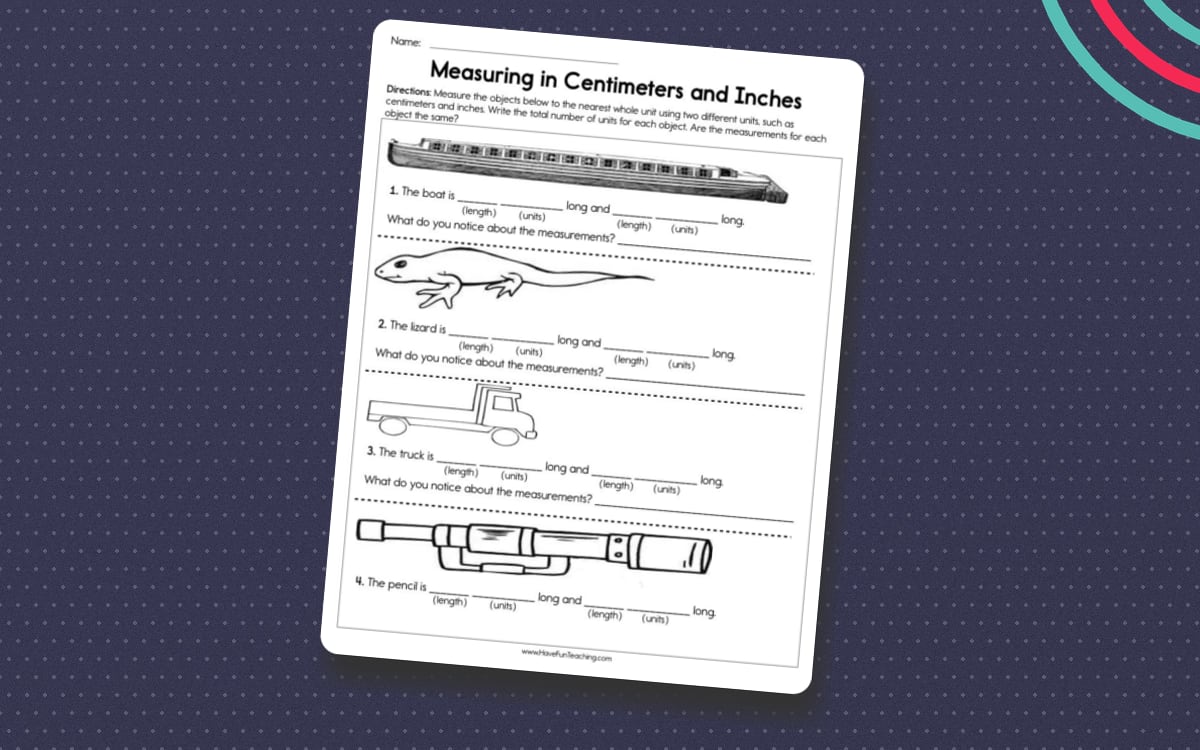 Measuring in Centimeters and Inches Worksheet worksheet page with the activity title and student response area.