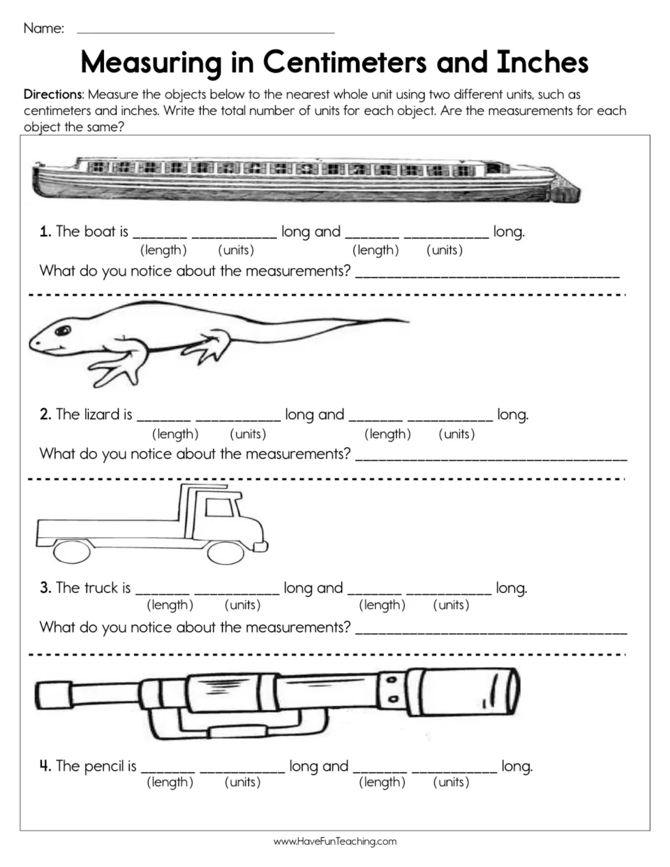 Measuring length in two units: students measure a boat, lizard, truck and pencil in cm and inches, then compare