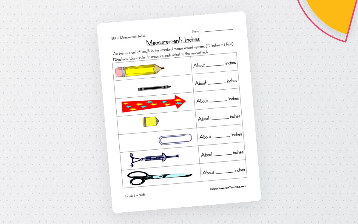 Measurement Inches worksheet with pictured pencil, crayon, tie, and classroom tools