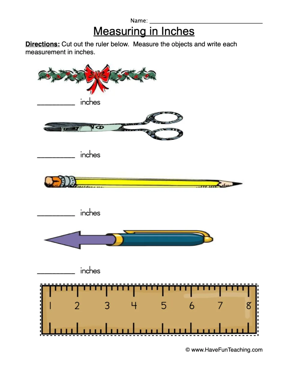 Measuring in inches: students cut out an 8-inch paper ruler and measure a holiday garland, scissors, pencil and pen