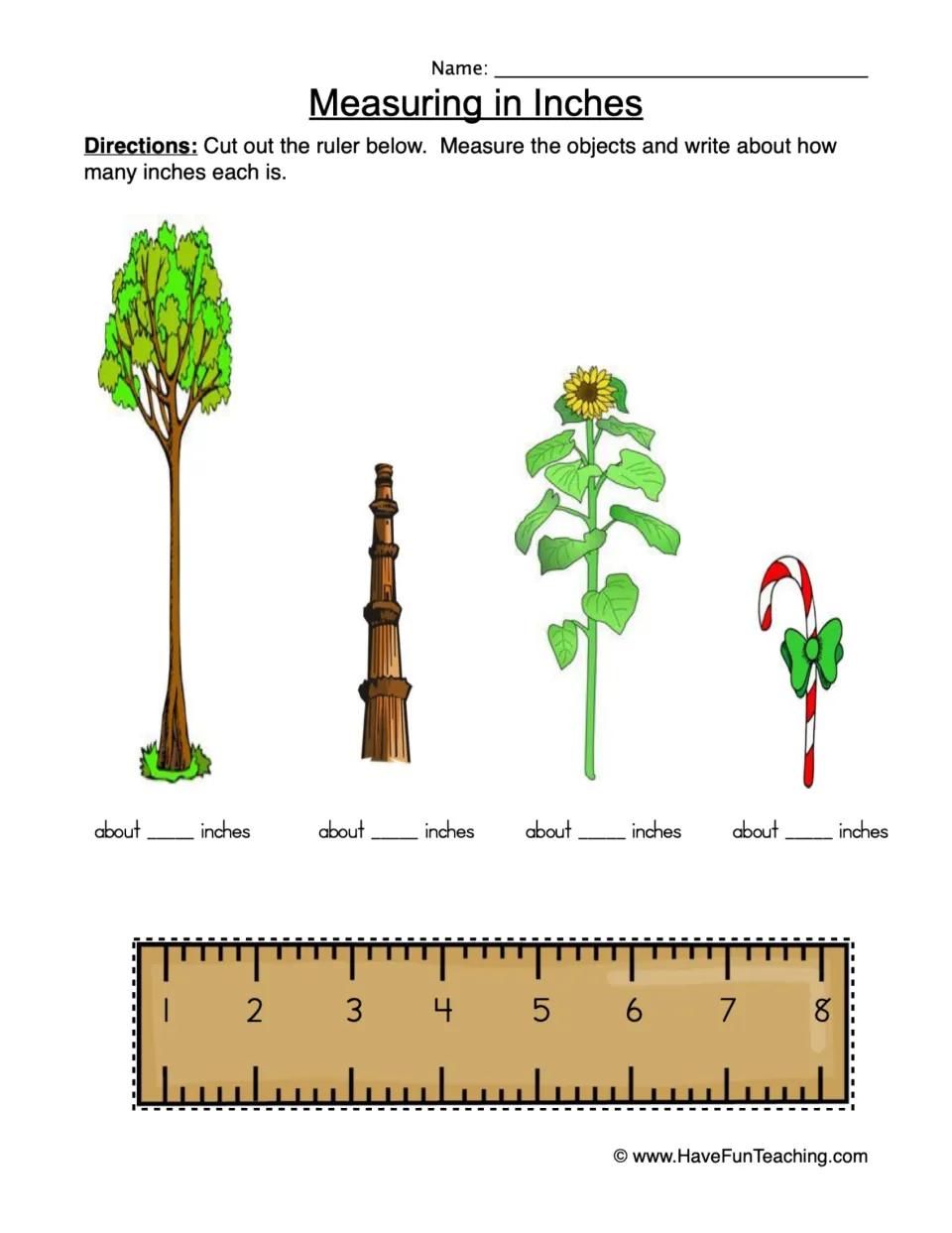 Measuring in inches: students cut out a paper ruler and measure a tree, tower, sunflower and candy cane to the inch