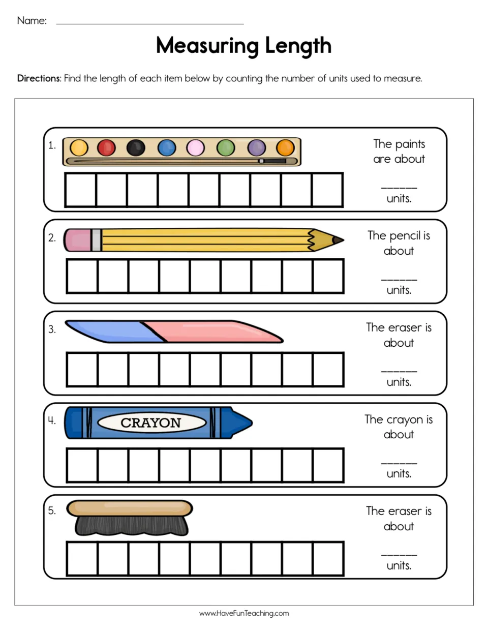 Length practice: count units to measure paints, a pencil, two erasers, and a crayon across five items.