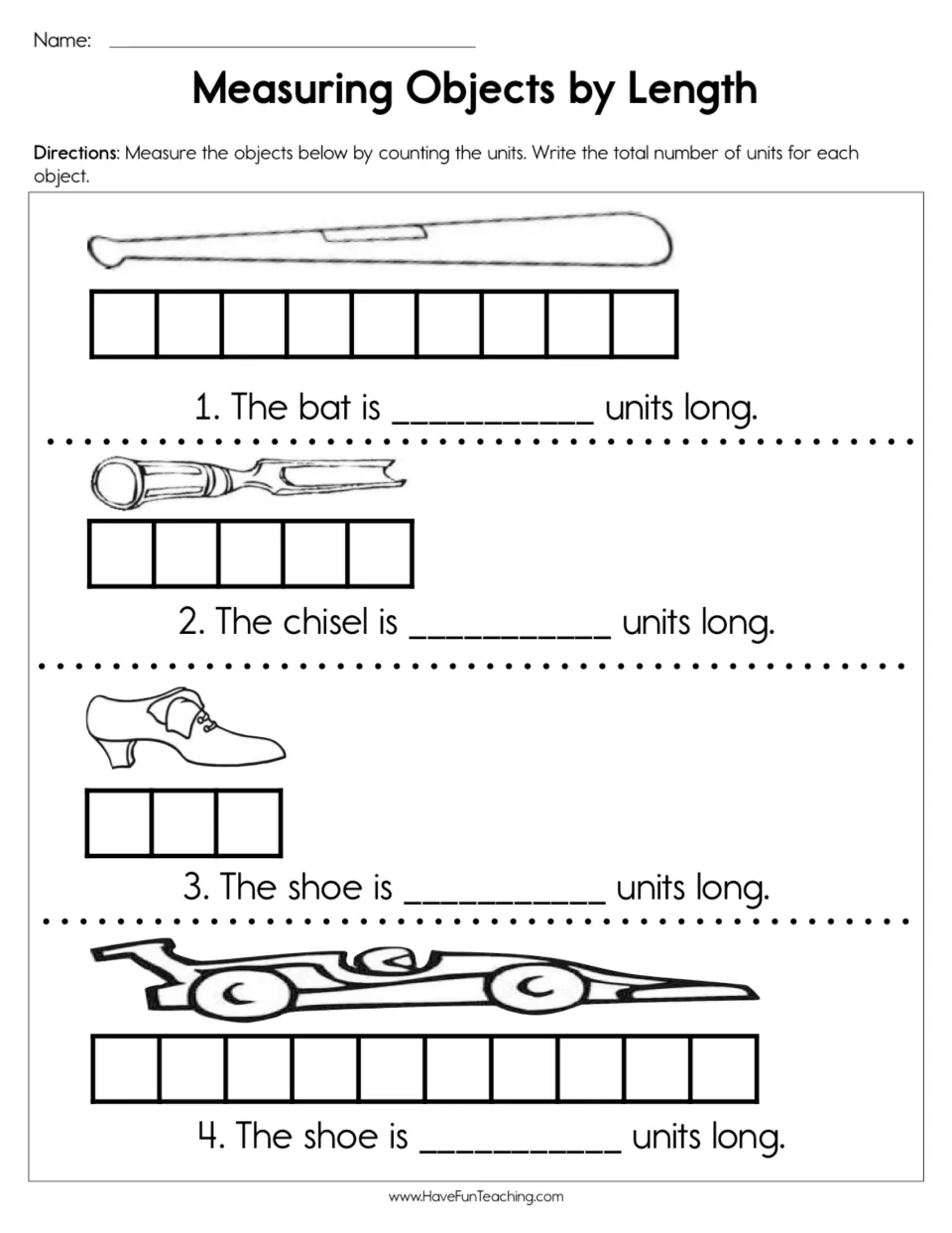 Nonstandard length units: students count the unit squares under a bat, chisel, shoe and race car and write each total