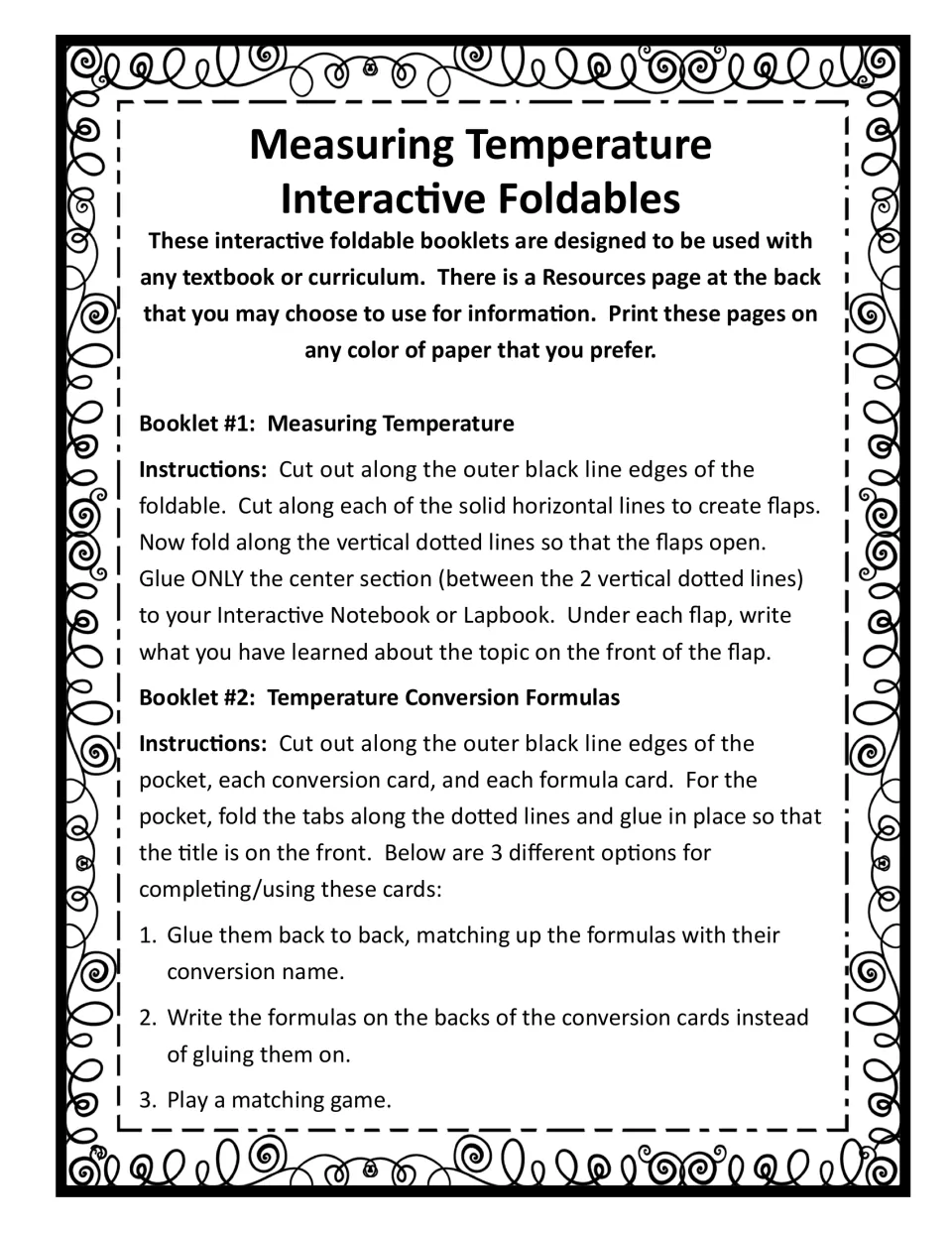 Assembly instructions for the temperature flap booklet and formula-card pocket, with three card-use options