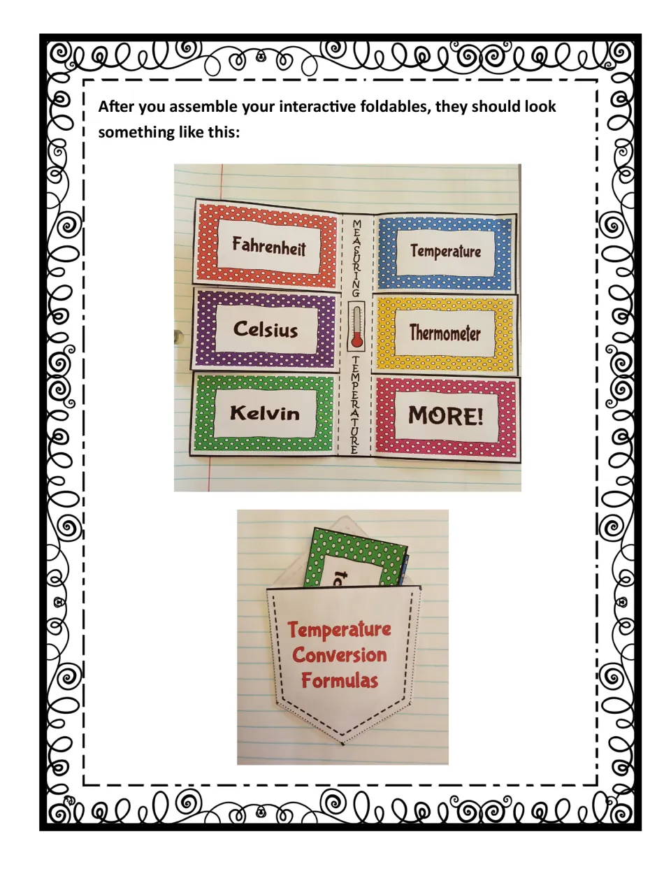 Assembly examples show the completed six-flap temperature booklet and the conversion formula pocket holding cards