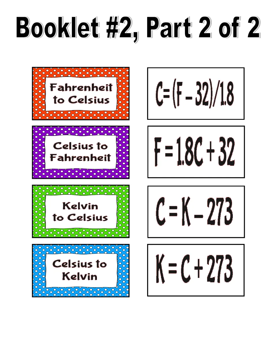 Booklet 2, part 2 of 2: four conversion labels and four formula cards for Fahrenheit, Celsius, and Kelvin