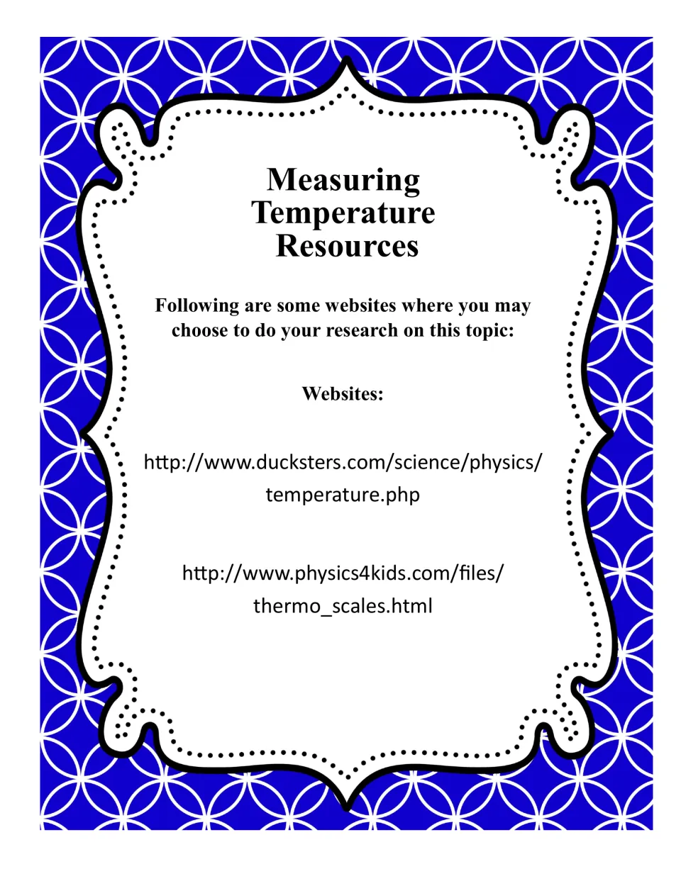 Temperature research resources list Ducksters and Physics4Kids websites for researching the foldable topics