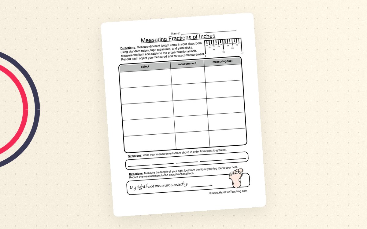 Measuring Fractions of Inches worksheet with columns for object, fractional-inch length, and measuring tool.