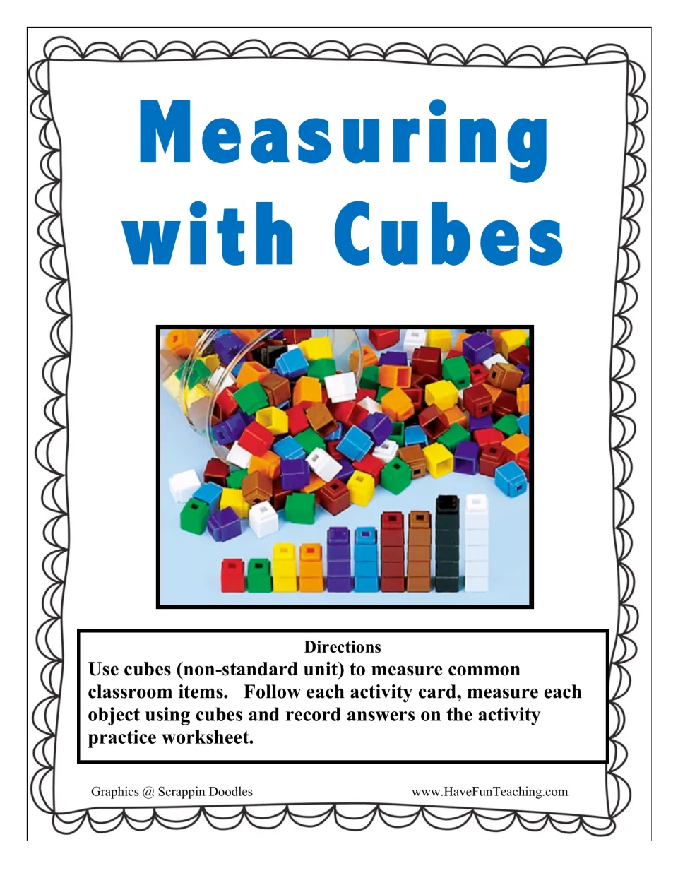 Measuring with Cubes cover: linking cubes photo and directions to measure classroom items and record on the worksheet