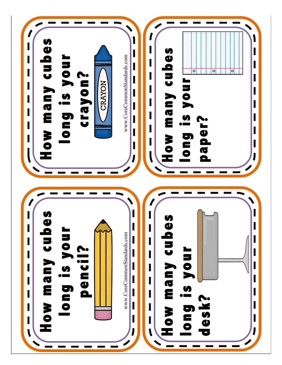 Nonstandard measurement task cards: students count how many cubes long their pencil, crayon, desk and paper are