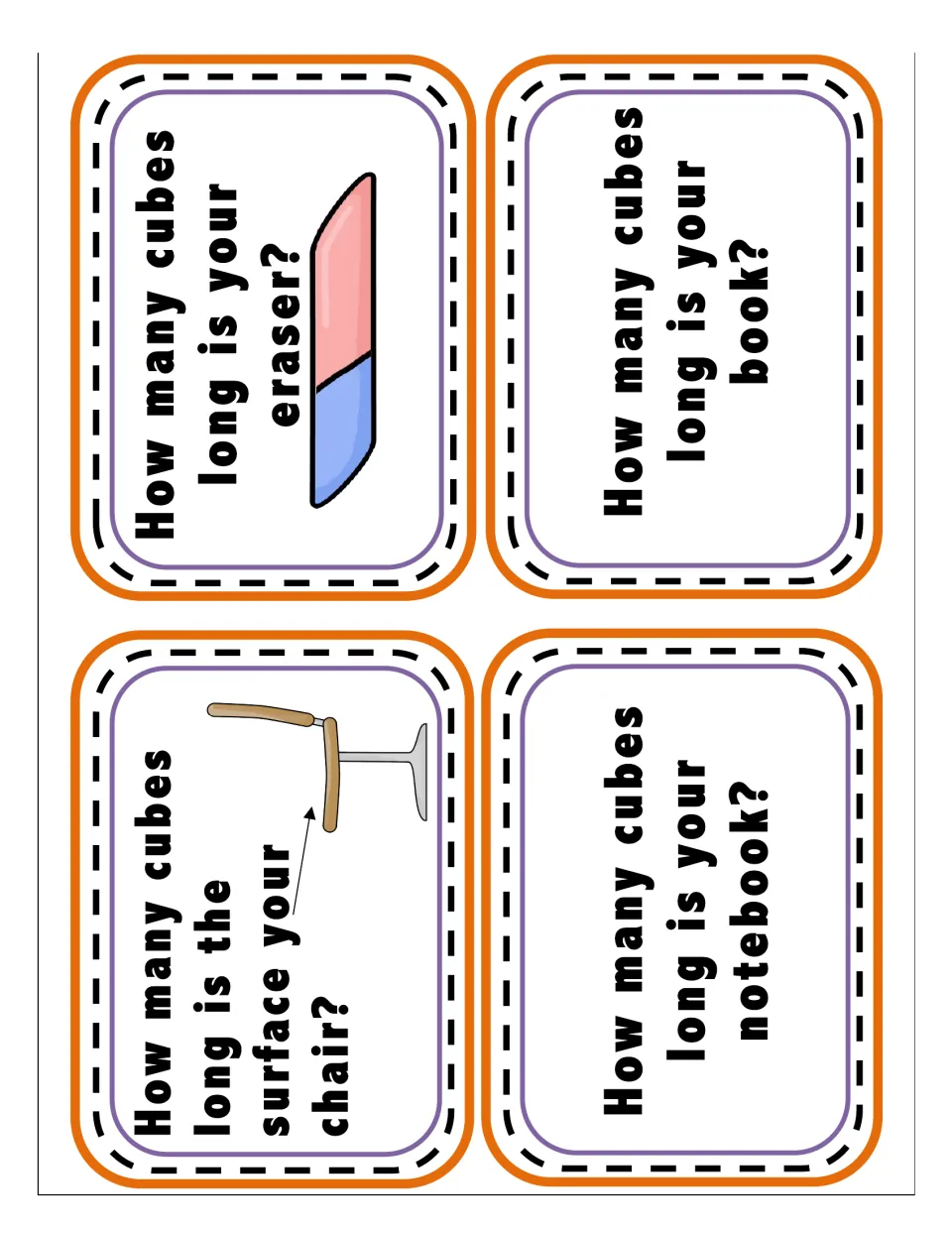 Length task cards asking how many cubes long the chair seat surface, eraser, notebook and book are