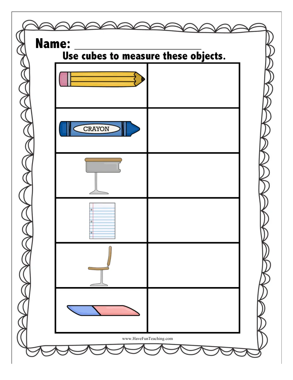 Cube measuring record sheet: students write the cube length of a pencil, crayon, desk, paper, chair and eraser