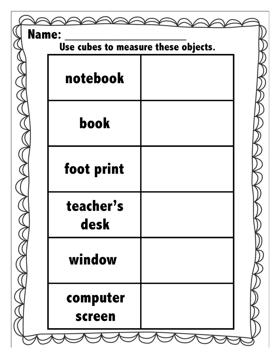 Second record sheet: students write cube lengths for notebook, book, footprint, teacher's desk, window and screen