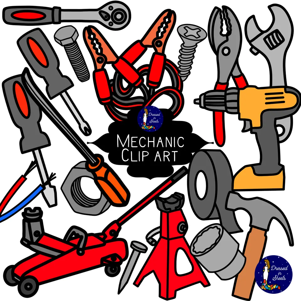 Mechanic Tools Clip Art – 42-Image Color & B&W Set – cover