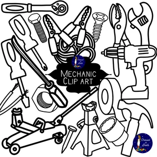 Mechanic Tools Clip Art – 42-Image Color & B&W Set – preview