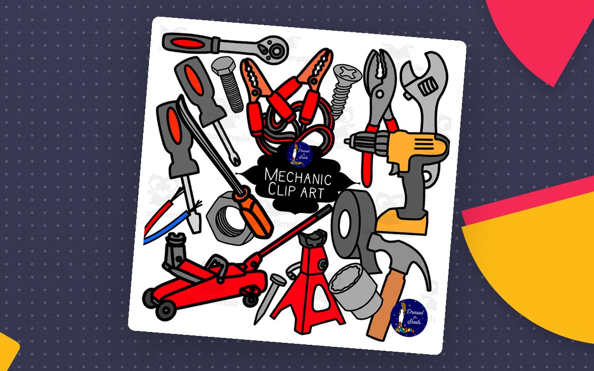 Mechanic Tools Clip Art cover with wrenches, jack, tape, bolt, and automotive-tool illustrations in color and line art.