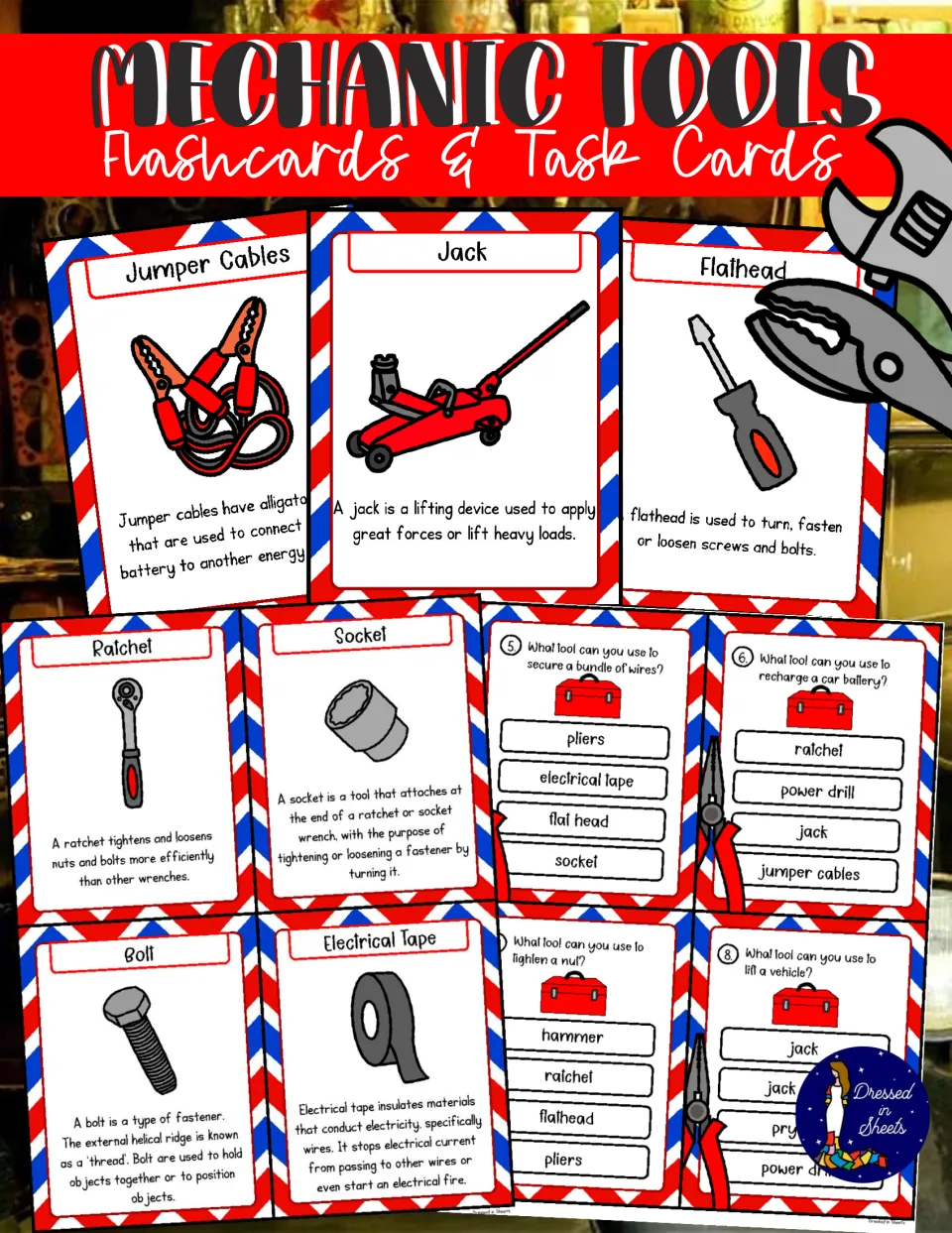 Mechanic Tools Flashcards & Task Cards cover showing tool cards for jack, ratchet, bolt and multiple-choice tool questions