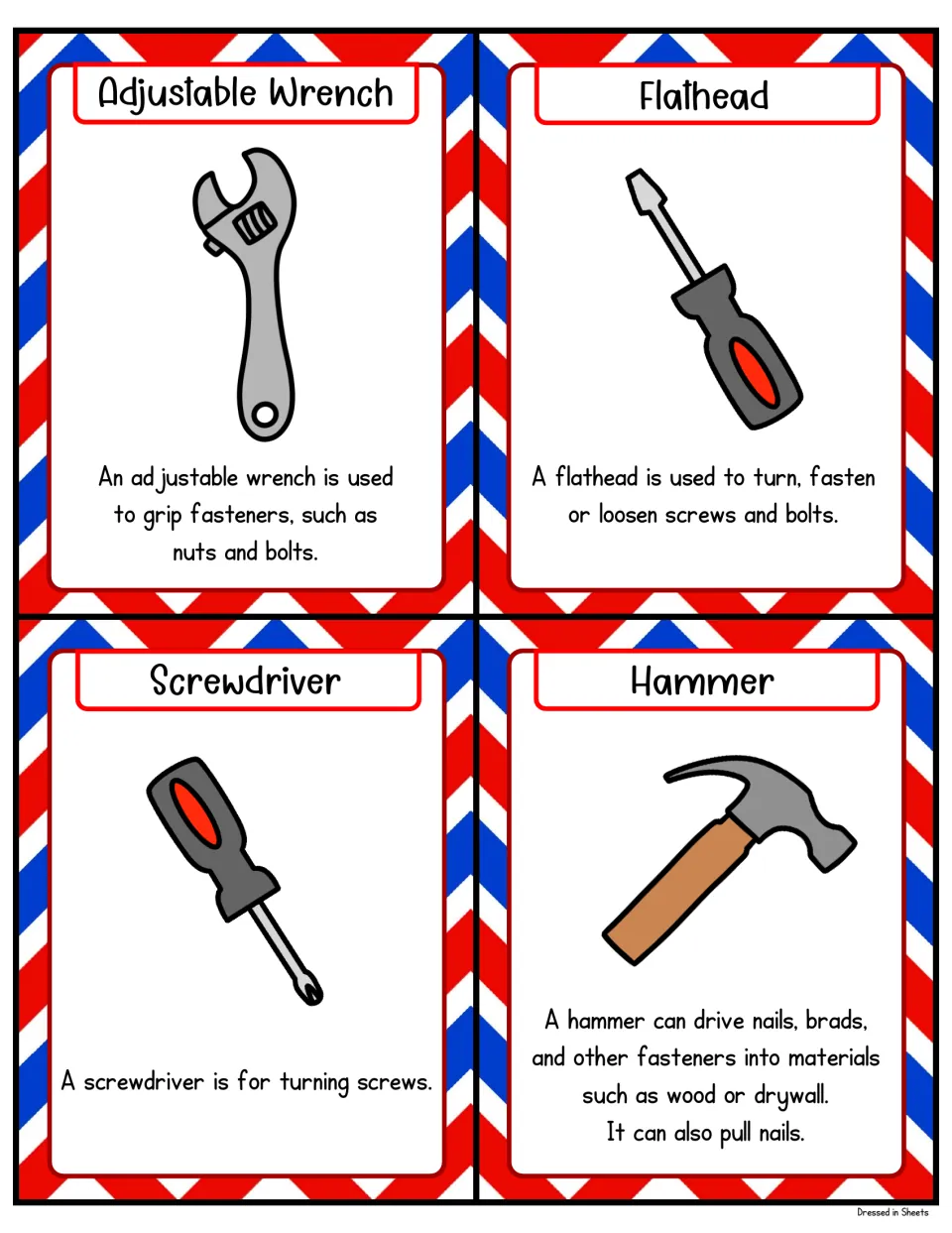 Hand tool flashcards: adjustable wrench, flathead, screwdriver and hammer, each pictured with a sentence on what it does