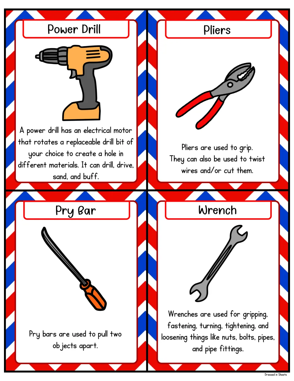 Tool flashcards for power drill, pliers, pry bar and wrench, each with a picture and a short description of its uses