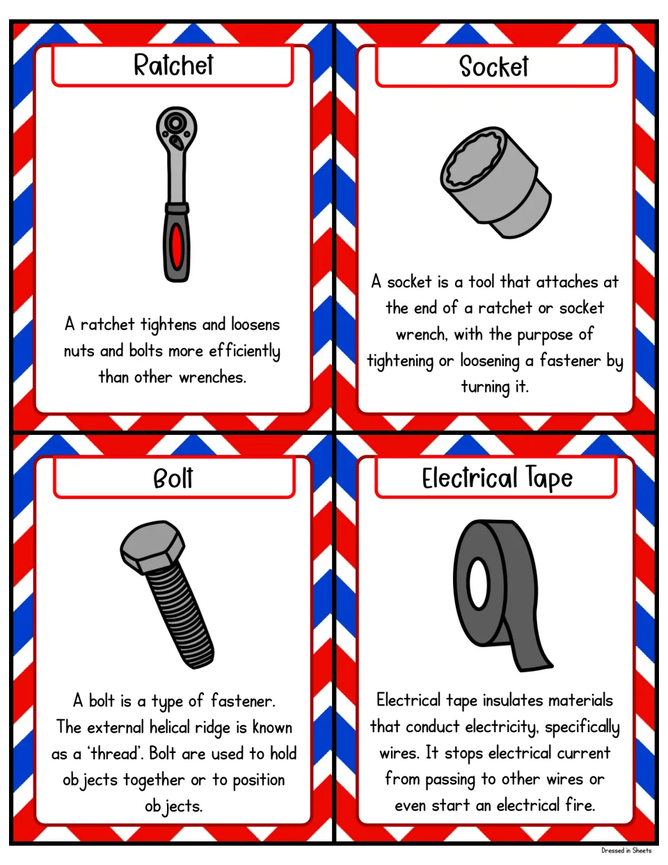 Flashcards defining ratchet, socket, bolt and electrical tape, with pictures explaining fastening and insulating wires