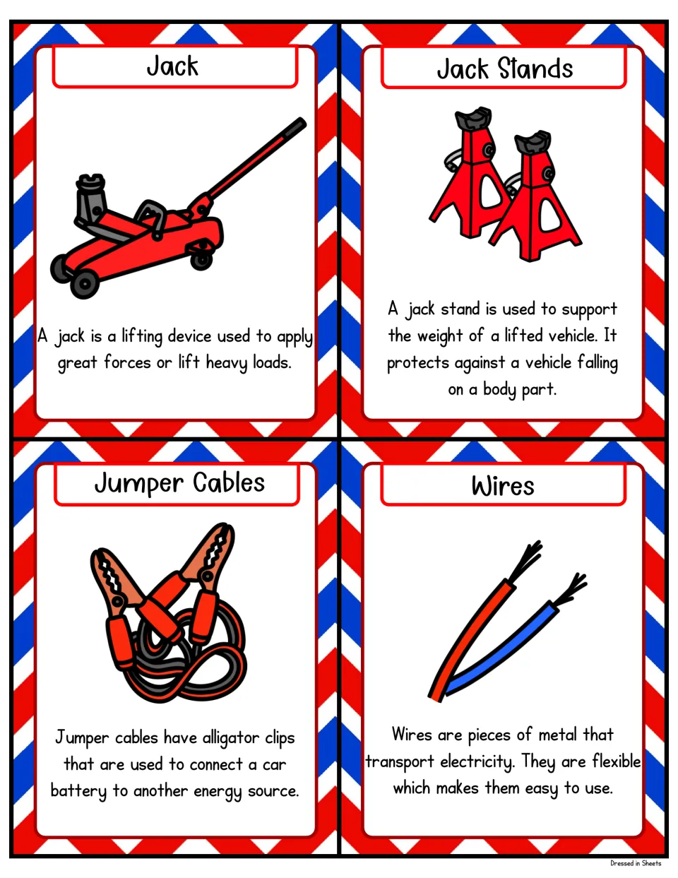 Car repair flashcards: jack, jack stands, jumper cables and wires, each pictured with a sentence about lifting or power