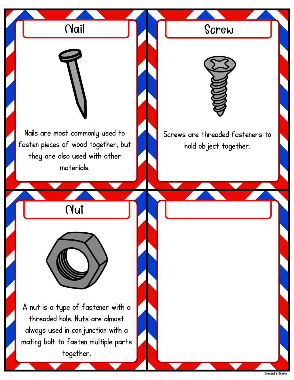 Fastener flashcards for nail, screw and nut with pictures and definitions, plus one blank card to add another tool