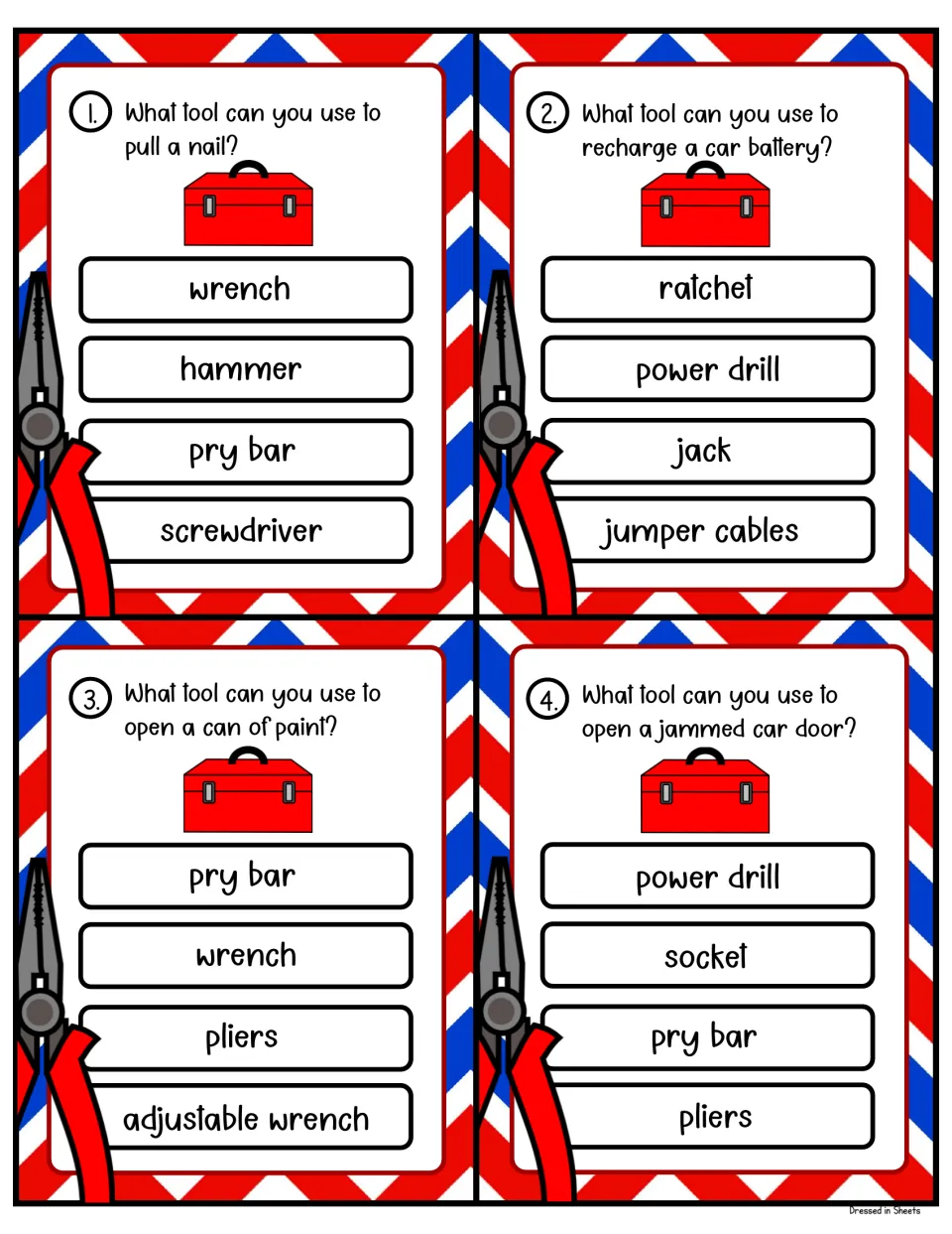 Tool task cards 1-4: students pick a tool to pull a nail, recharge a car battery, open a paint can or open a jammed car door