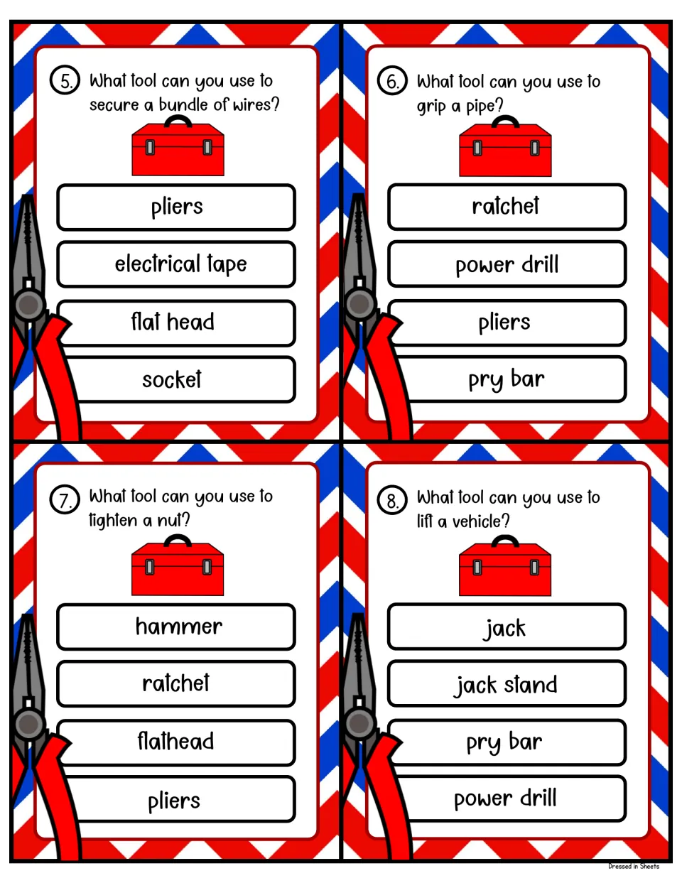 Tool task cards 5-8: students choose a tool to secure wires, grip a pipe, tighten a nut or lift a vehicle from four options