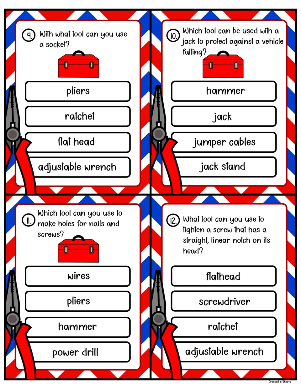 Tool task cards 9-12: students choose the tool used with a socket or jack, for making holes, and for straight-notch screws