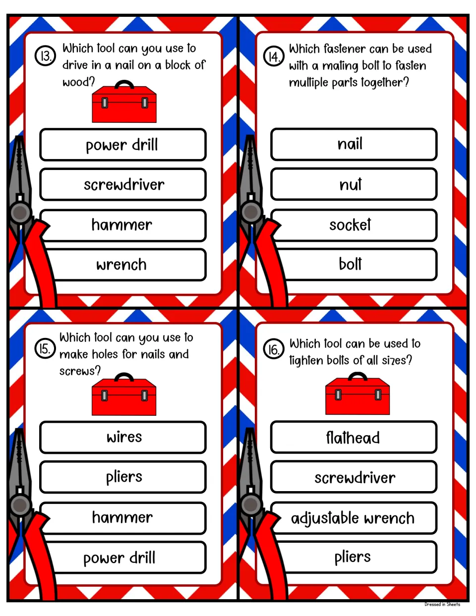 Tool task cards 13-16: students identify the nail driver, the bolt's mating fastener, a hole maker and a bolt tightener