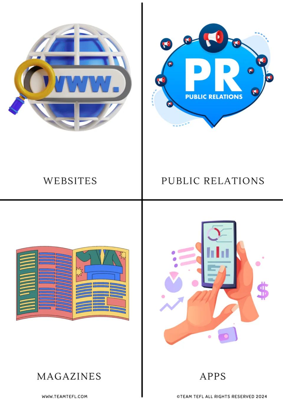 Media vocabulary flashcards 5–8: websites, public relations, magazines, and apps, each paired with a picture